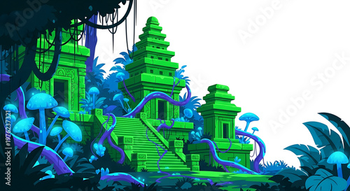 A vibrant, cartoon-style illustration of ancient, mystical temples overgrown with jungle foliage and mushrooms in shades of green, blue, and purple.