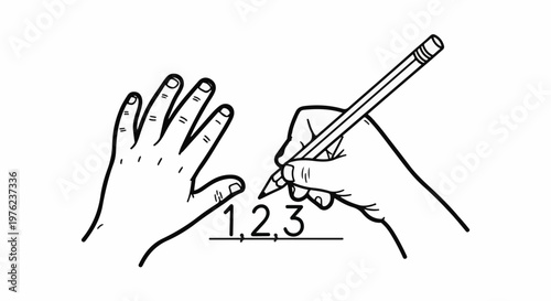 Line art of hands one writing numbers, the other open showing fingers
