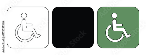 Disabled access wheelchair icons set, handicap accessibility symbols in outline and solid green styles, universal medical mobility signage vector