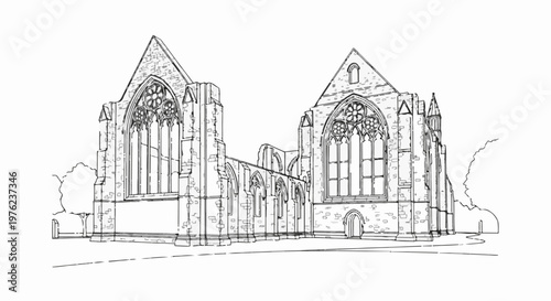 Line art of gothic cathedral ruins with large windows and trees