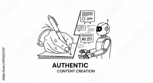 Hand writes text, AI robot receives information, digital age