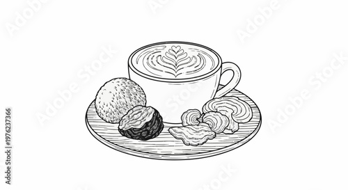 Hand-drawn coffee cup with latte art and assorted pastries on a wooden saucer