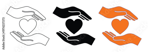 Minimalist hands holding heart icons, charity and care symbols in black and orange, set of 3 vector illustrations for healthcare and non-profit branding