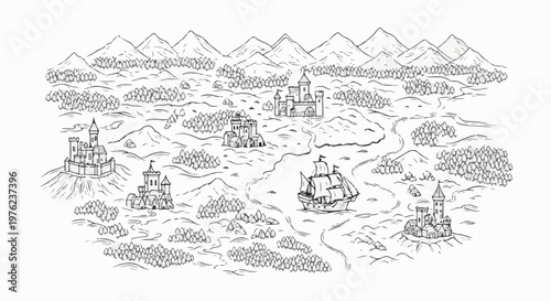 Hand-drawn fantasy map depicting rolling hills, mountains, forests, castles, and a ship