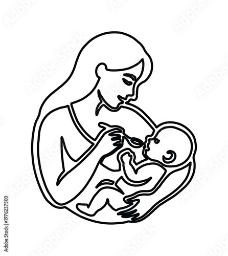 Minimalist continuous line art of mother feeding baby with spoon, simple black outline vector of woman and infant, motherhood and childcare concept
