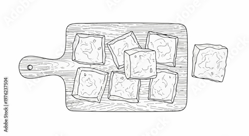 Hand-drawn illustration of cubed food items on a wooden cutting board