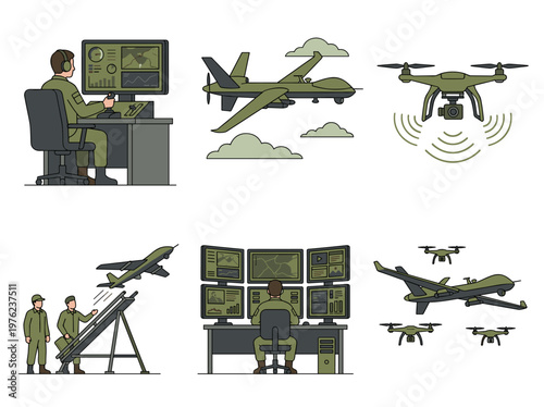 Unmanned aerial vehicles and drone technology set, modern minimal flat vector surveillance illustrations
