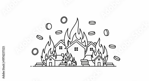 Line art of houses engulfed in flames with coins falling around them