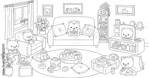 Kawaii kitten coloring page and colorful character set with cute cats sitting on grass with flowers for children educational activity book vector illustration