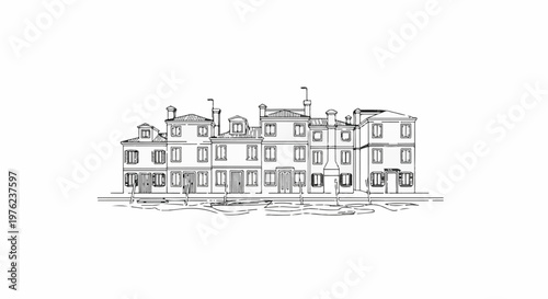 Hand-drawn sketch of a row of multi-story buildings with windows and chimneys