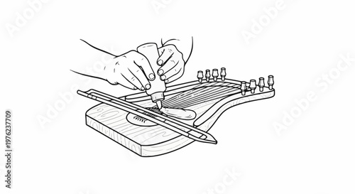 Hands applying adhesive to a stringed instrument, likely a lyre