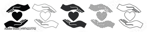 Minimalist heart in hands icon set, charity and care symbols in 5 styles, black and white vector illustrations for healthcare and non-profit branding