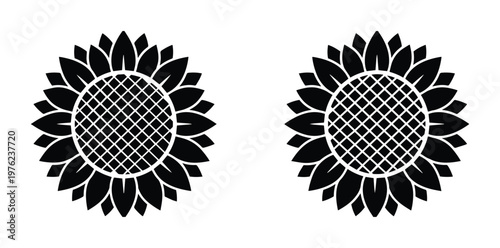 Black sunflower silhouette vector icons, minimalist floral blossom illustrations, decorative botanical sunflower head graphics for laser cutting and engraving