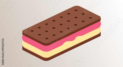 An eye-catching isometric vector graphic presents a delicious rectangular Neapolitan ice cream sandwich featuring vibrant layers of pink and yellow filling pressed neatly between dotted brown cookies