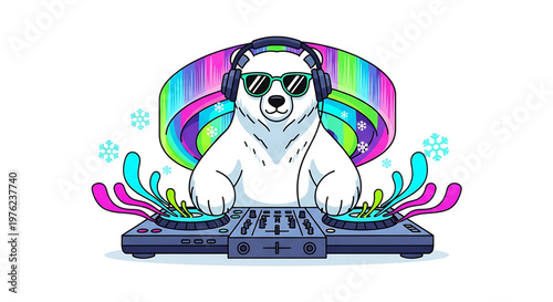 A colorful illustration of a polar bear wearing sunglasses and headphones, DJing on a console with vibrant swirls and snowflakes around it.