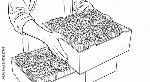 Hands carrying a box filled with multiple containers of fresh blueberries