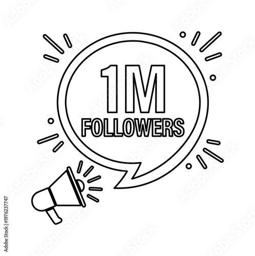 Minimalist 1M followers celebration vector, megaphone with speech bubble for one million subscribers, black and white social media milestone icon
