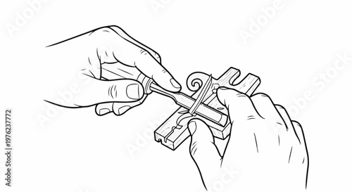 Hands carving wood detail with a chisel and tool