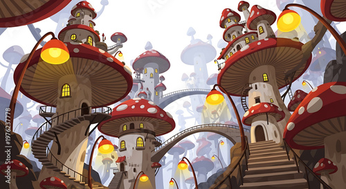 A whimsical vector illustration of a fantastical mushroom village with towers and bridges