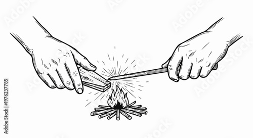 Hands creating fire with sticks and a sharp object, generating sparks and flame