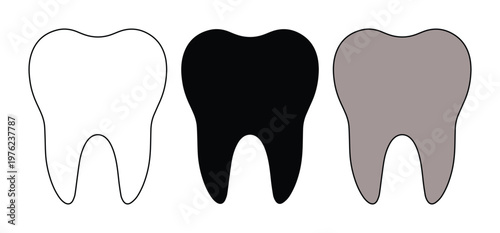 Minimalist tooth icon set with 3 vector elements, dental health symbols in outline and solid black styles, molar tooth silhouettes for dentistry
