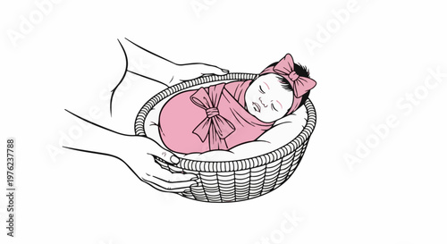 Hands cradling a sleeping baby in a woven basket, adorned with pink