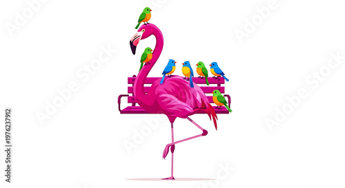 A vibrant vector illustration of a pink flamingo standing on one leg with colorful parrots on a bench