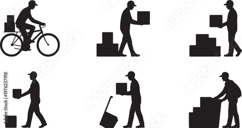 Silhouette icons of people moving and transporting boxes