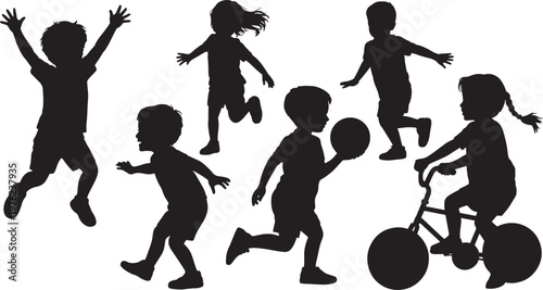 silhouette of children playing outdoors with bicycles and joyful movement