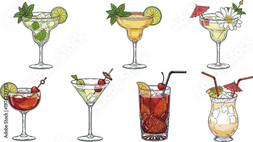 Vintage Hand-Drawn Cocktail Glasses Set with Margarita, Mojito, Daiquiri, and Fruit-Infused Drinks