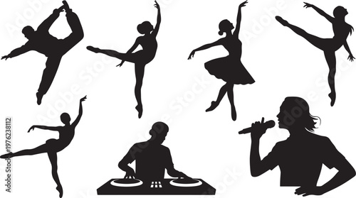 silhouettes of dancers and musicians performing on stage