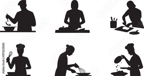 Silhouettes of people cooking and preparing food