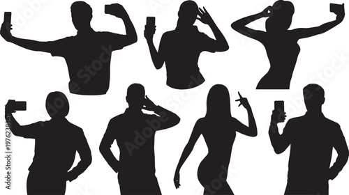 Silhouettes of people posing with smartphones on white background