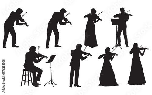 Violinist Silhouettes Set Orchestra Musicians Playing Classical Music