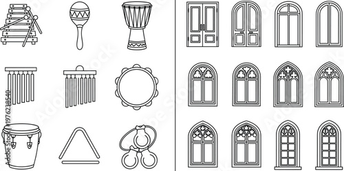 Musical Percussion Instruments and Gothic Architecture Window Door Vector Icon Set, Minimalist Black Outline Illustration for Education, Design and Decorative Projects
