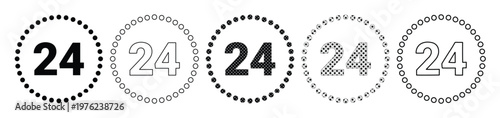 Minimalist 24 hours service icons, set of 5 circular number 24 symbols, black and white round badges for around the clock availability and support