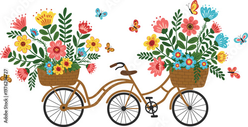 A vintage bicycle with a flower basket sits in a sunny park as a woman enjoys a summer ride