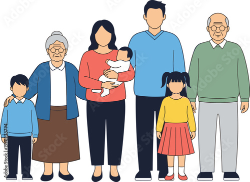 Multi generation family flat vector illustration with grandparents parents and children standing together isolated on light background