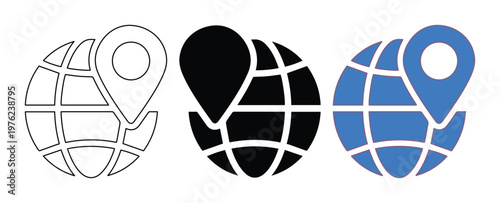 Global location pin icons, set of 3 world globe map markers in outline and solid styles, blue and black earth navigation symbols for travel apps