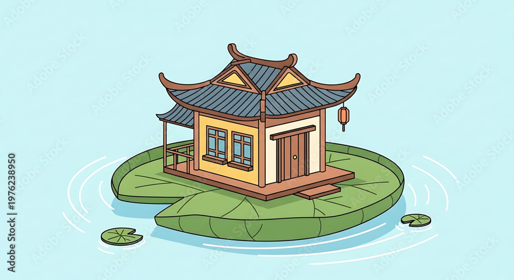 Fototapeta premium A serene and peaceful vector illustration of a traditional Asian house on a lily pad in a pond