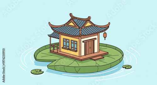 A serene and peaceful vector illustration of a traditional Asian house on a lily pad in a pond