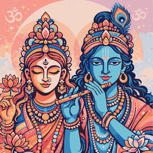 Radha & Krishna – Divine Love in Color	A vibrant illustration of two adorned divine figures: one blue‑skinned playing a flute with a peacock feather, the other holding a lotus. Soft pastel circles and