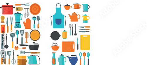 Cartoon Kitchenware Set with Pots, Utensils, Knives, Aprons, Teapots, and Cookware for Cooking Illustration Design
