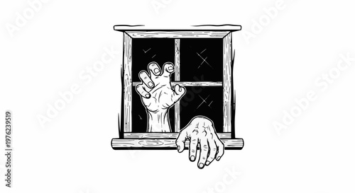 Hands reaching out from a dark window, one grasping the ledge