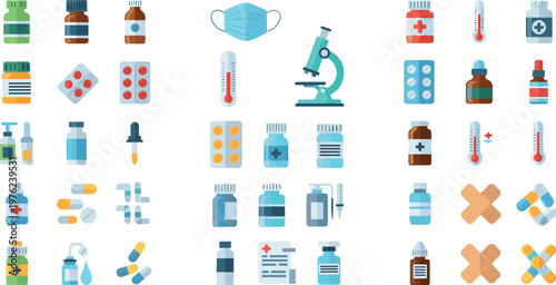 Cartoon Medical Supplies Set with Pills, Bottles, Syringe, Microscope, Band-Aids, and Thermometers for Healthcare Illustration Design