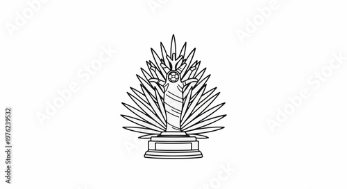 Line art trophy with figure holding a ball, surrounded by pointed leaves
