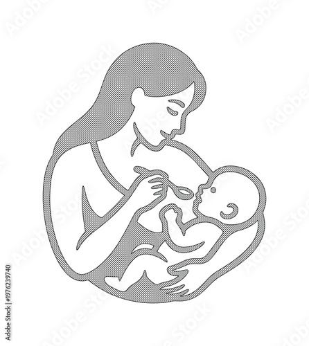 Minimalist mother feeding baby vector icon, grey silhouette of woman with infant and spoon, maternal care and nutrition concept illustration