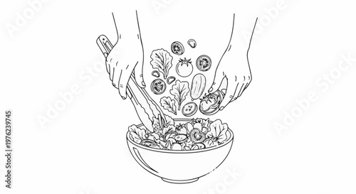 Hands tossing fresh vegetables into a bowl, creating a vibrant salad