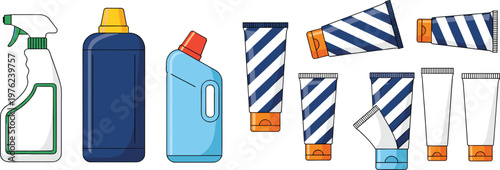 Cleaning and Cosmetic Product Packaging Set Featuring Spray Bottles Detergent Containers and Cream Tubes in Modern Minimal Vector Illustration Collection