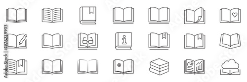book outline icon set education study reading learning language skill sign symbol line pictogram vector illustration design flat graphic design. Library book symbol. Open and close textbook.